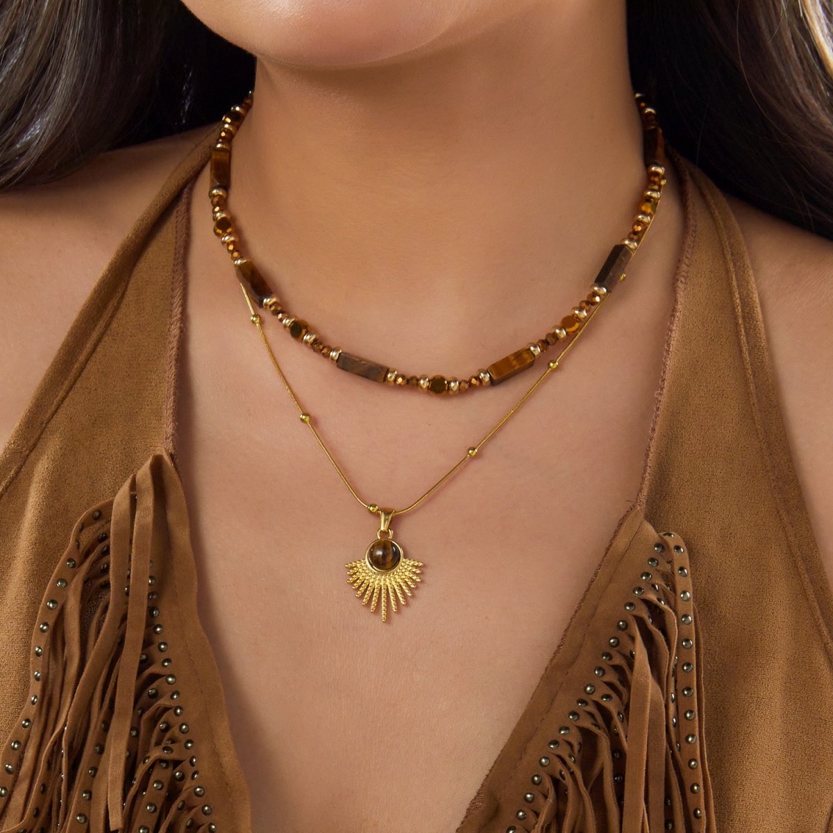 Layered Pendant Necklace Aesthetic - Эстетичное осеннее коричневое ожерелье с подвеской